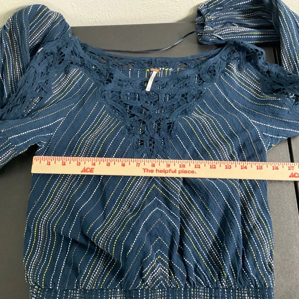 Free People Crochet Trim Striped Balloon Long Sleeve Embroidered Top‎ Boho XS